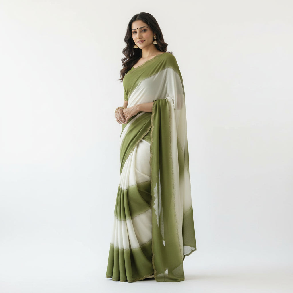 Women's Olive Green Georgette Saree with Matching Blouse Piece
