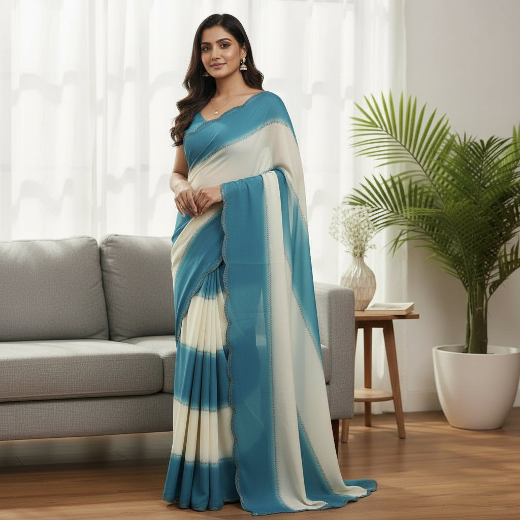 Women's Sky Blue Georgette Saree with Matching Blouse Piece
