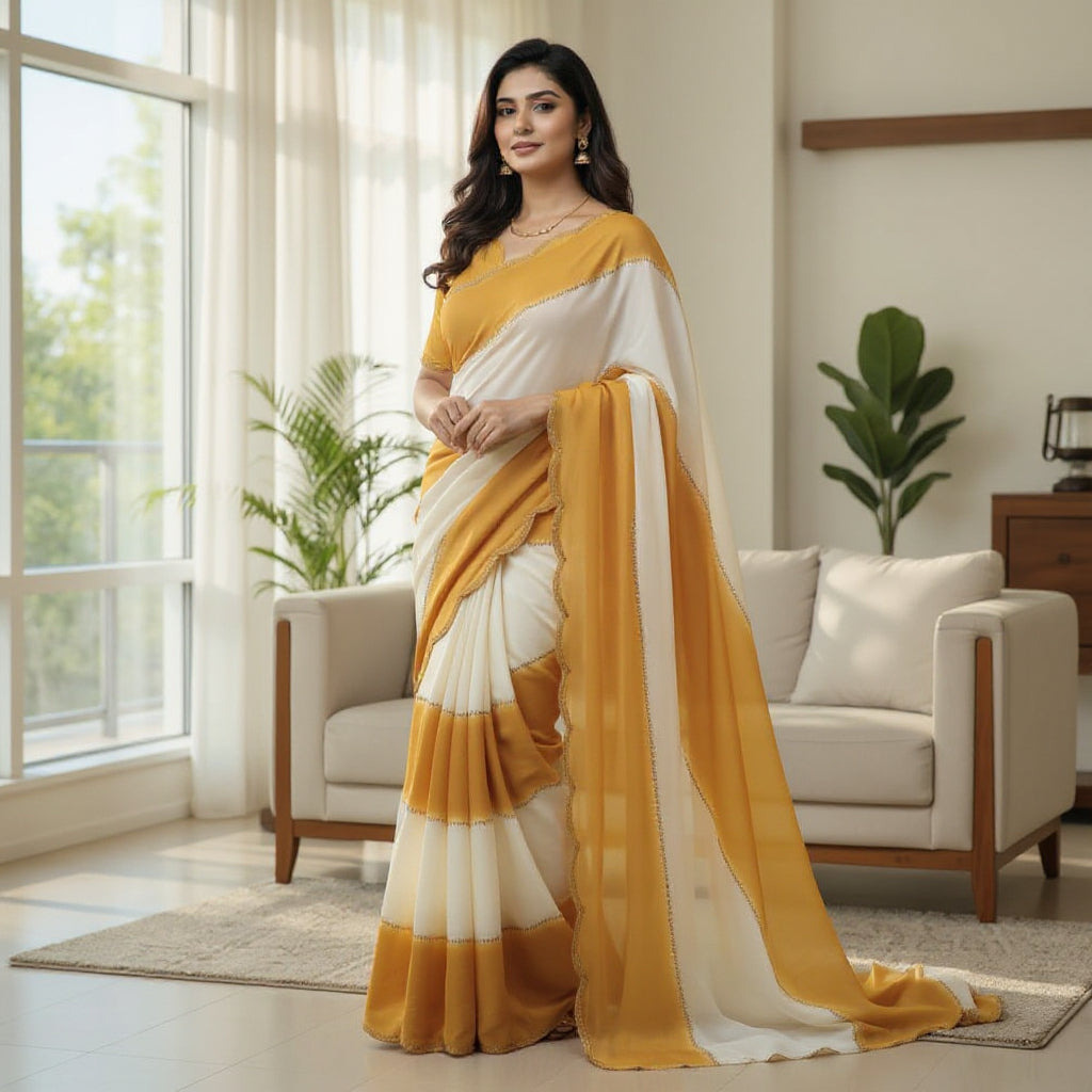Women's Mustard Yellow Georgette Saree with Matching Blouse Piece