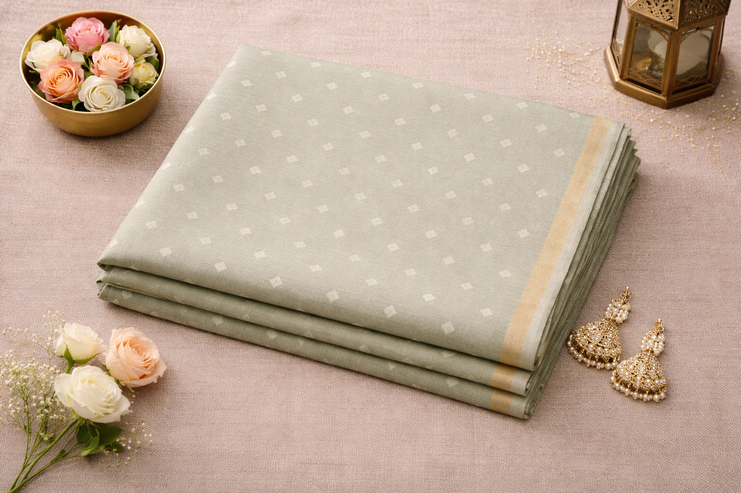Women's Sage Green Printed Cotton Linen Saree with Floral Pallu & Designer Blouse
