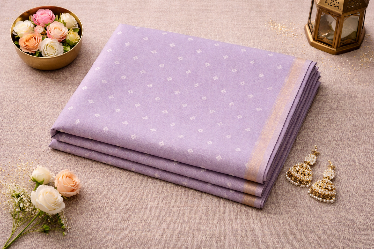 Women's Lavender Purple Printed Cotton Linen Saree with Floral Pallu & Designer Blouse
