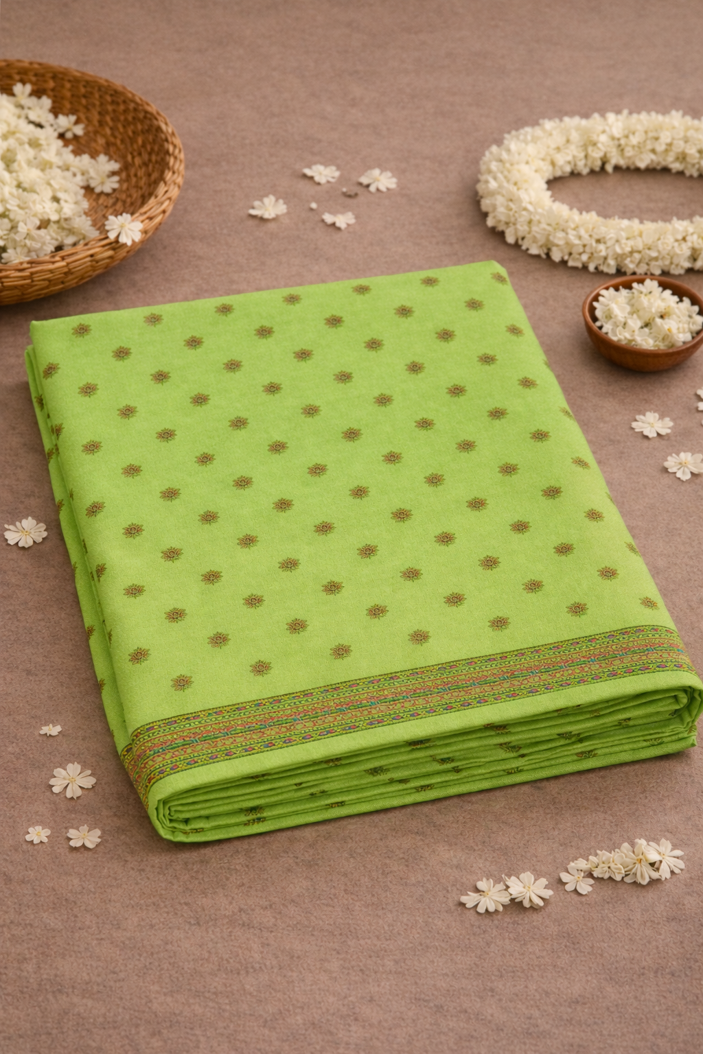 Women's Lime Green Printed Linen Blend Saree with Traditional Border
