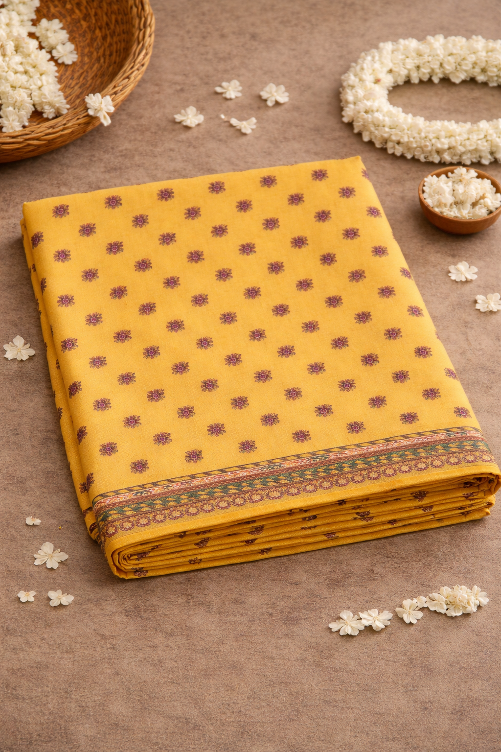 Women's Mustard Yellow Printed Linen Blend Saree with Traditional Border