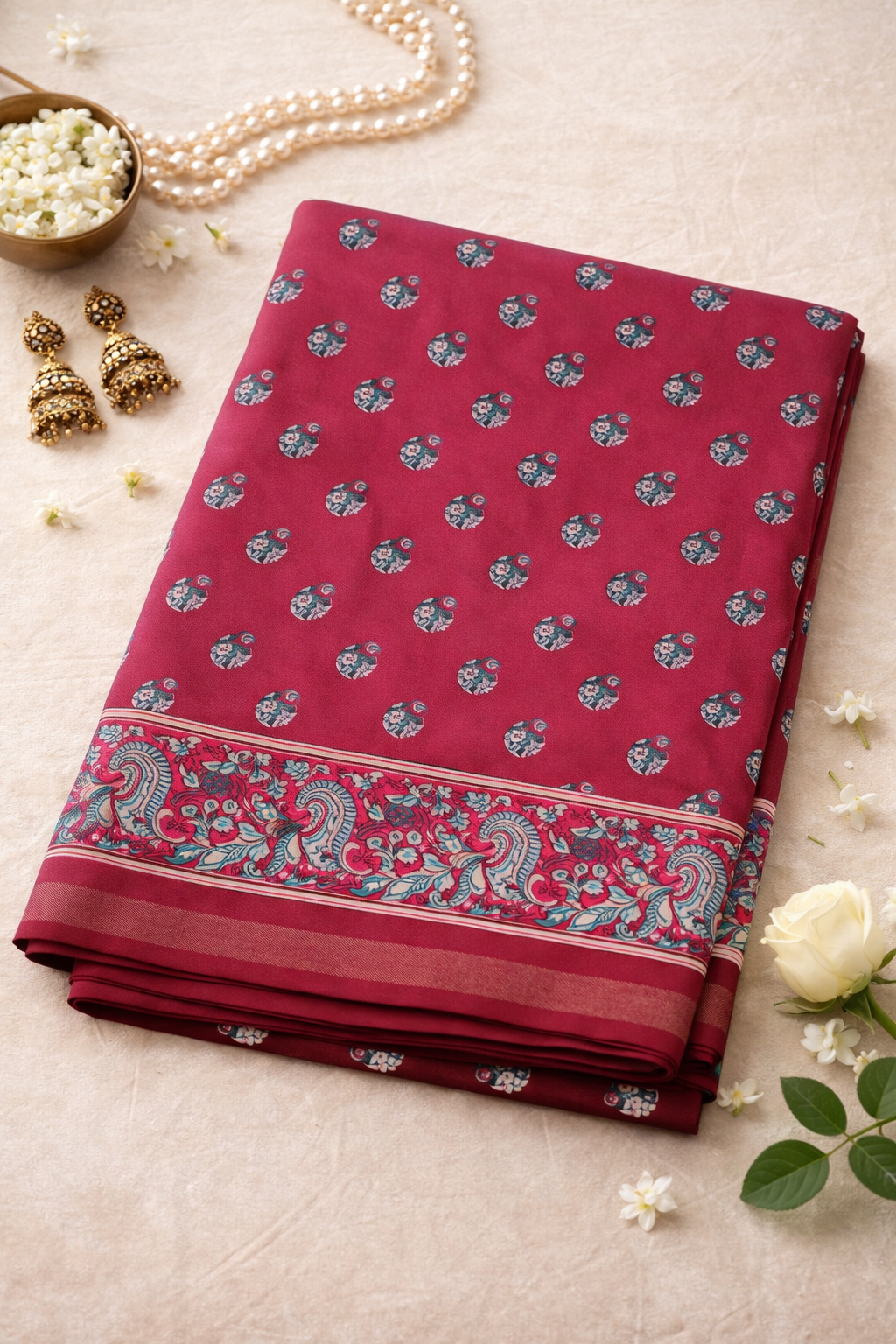 Women's Pink Linen Blend Saree with Kalamkari Border
