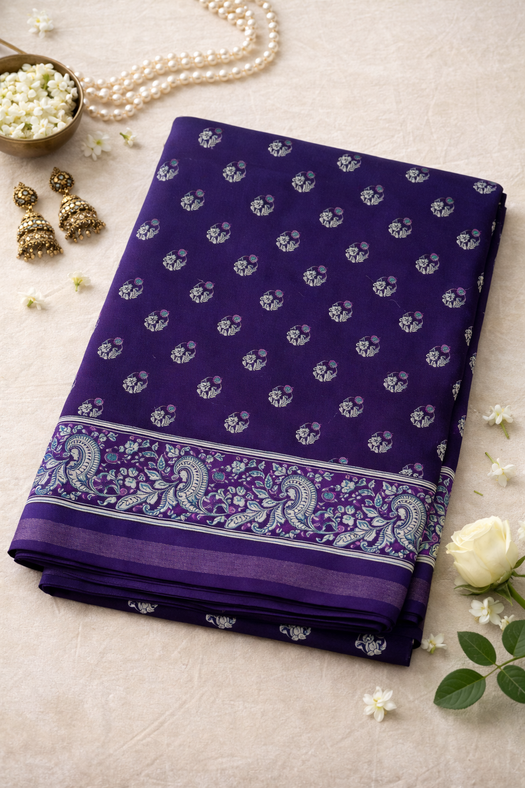 Women's Purple Printed Linen Blend Saree with Kalamkari Border