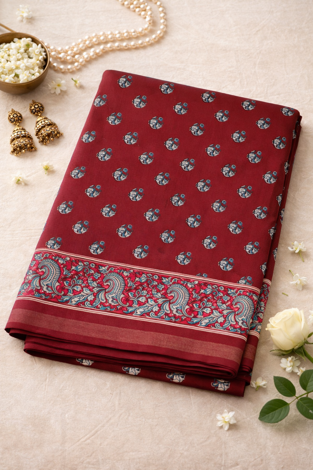 Women's Maroon Printed Linen Blend Saree with Kalamkari Border