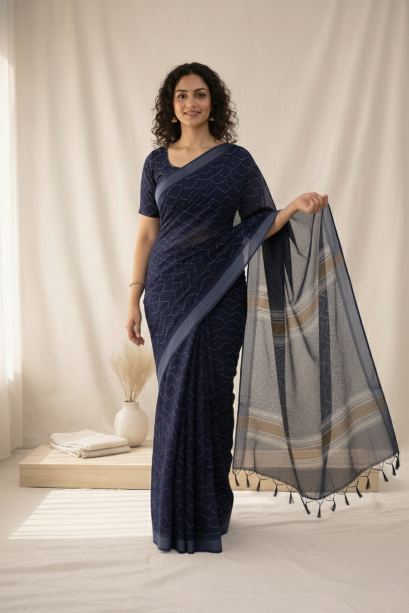 Vibhanya Navy Blue Bandhani Printed Linen Blend Saree with Tassel Pallu