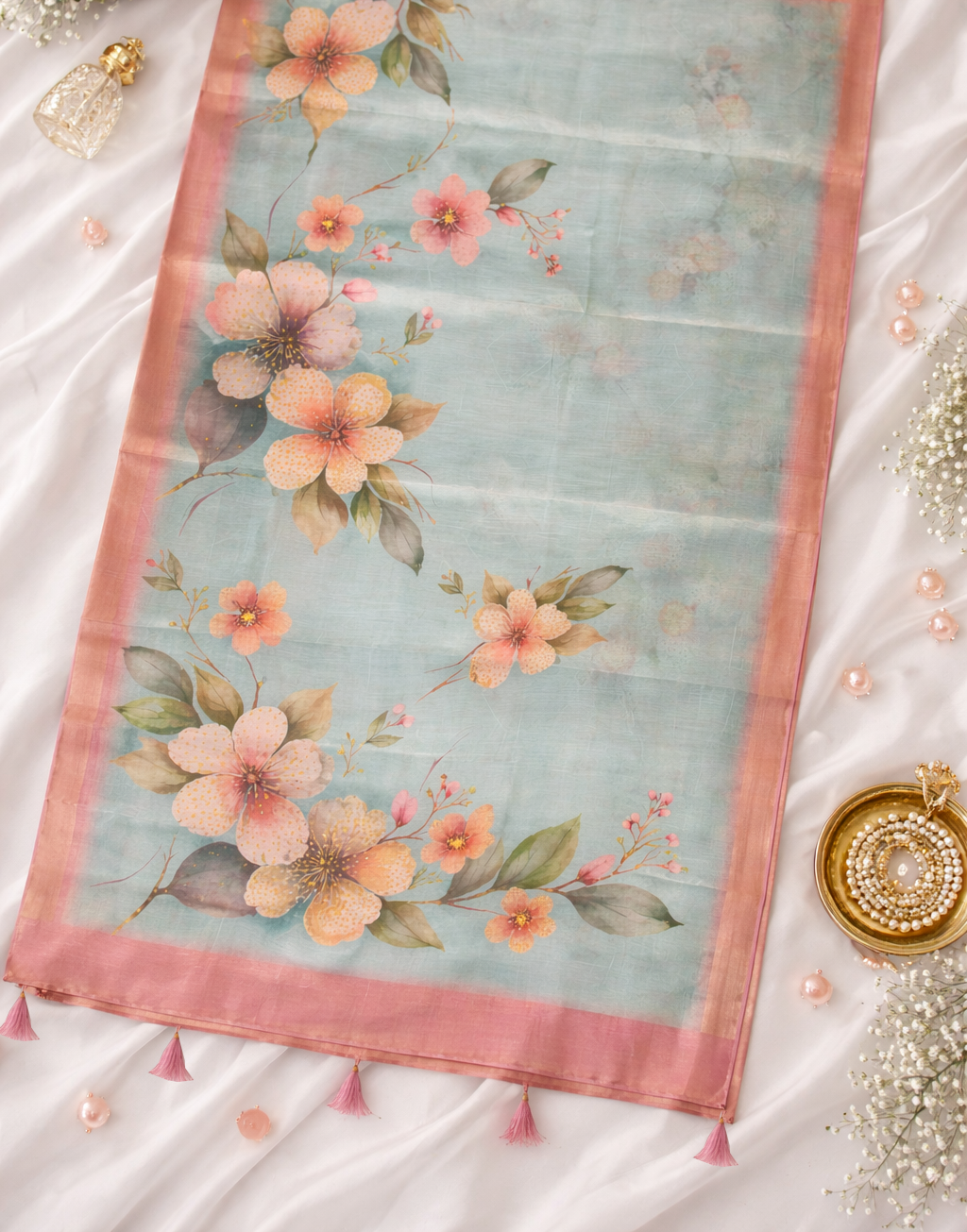 Women's Floral Printed Soft Organza Saree with Elegant Border & Tassels