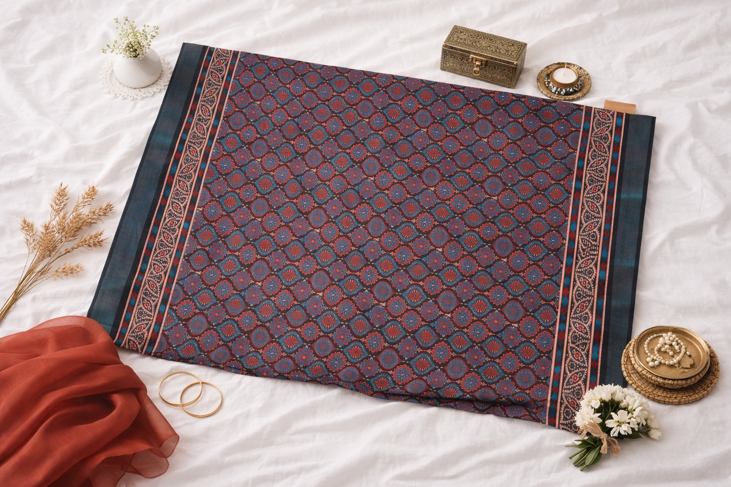 Women's Ajrakh Printed Soft Organza Saree with Tassel Border
