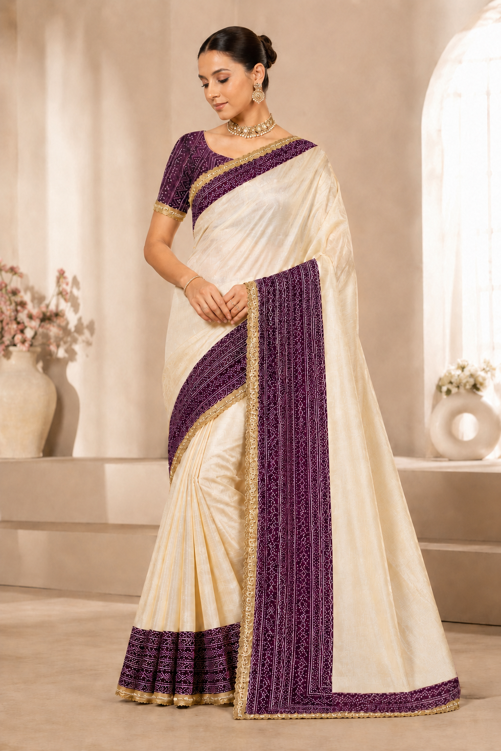 Women's Off White Saree with Purple Woven Border & Designer Blouse