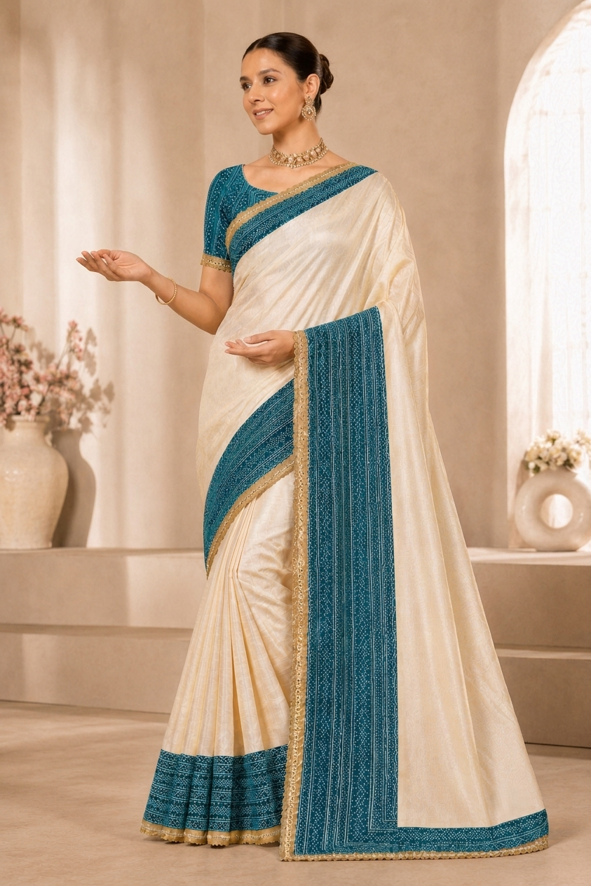 Women's Off White Silk Blend Saree with Peacock Blue Woven Border & Designer Blouse