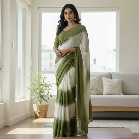 Women's Olive Green Georgette Saree with Matching Blouse Piece