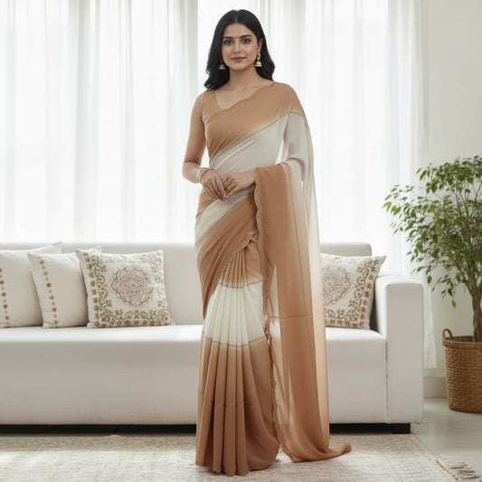 Women's Beige Georgette Saree with Matching Blouse Piece