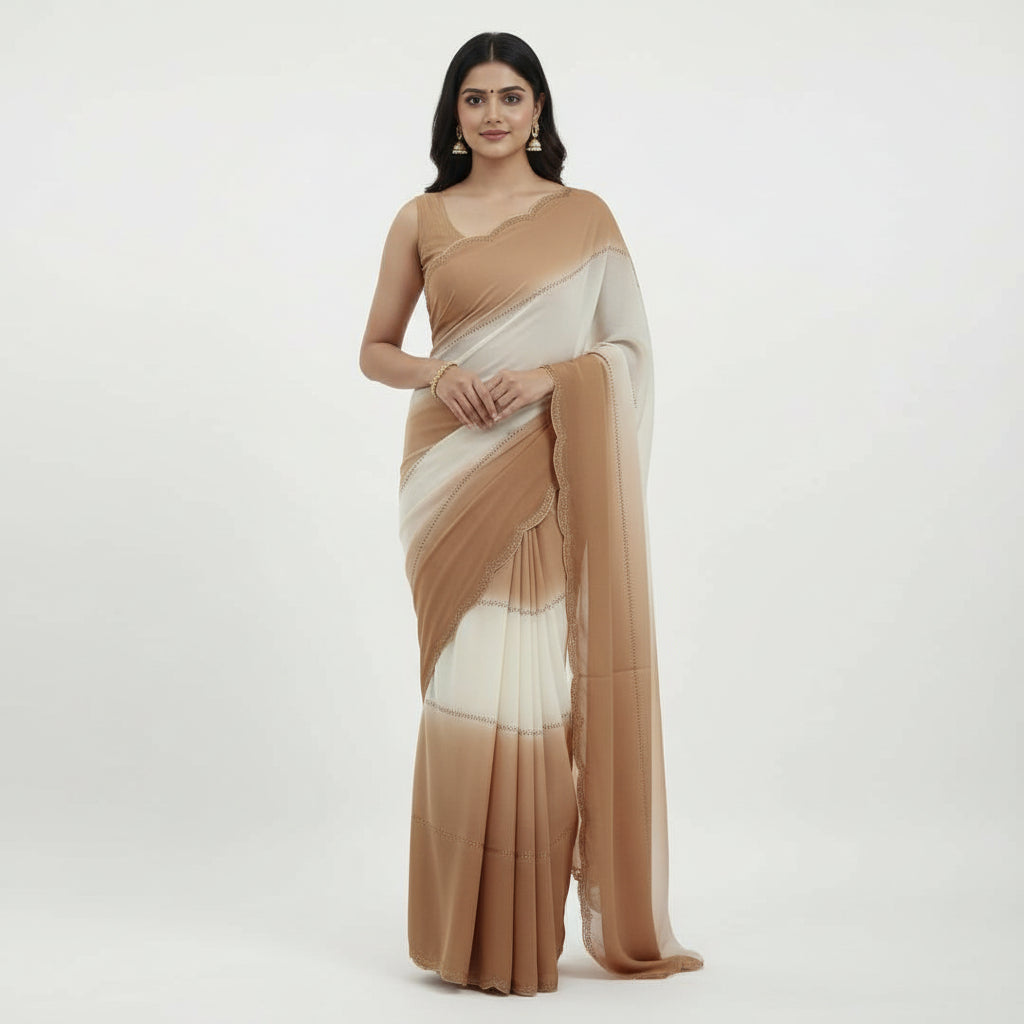 Women's Beige Georgette Saree with Matching Blouse Piece