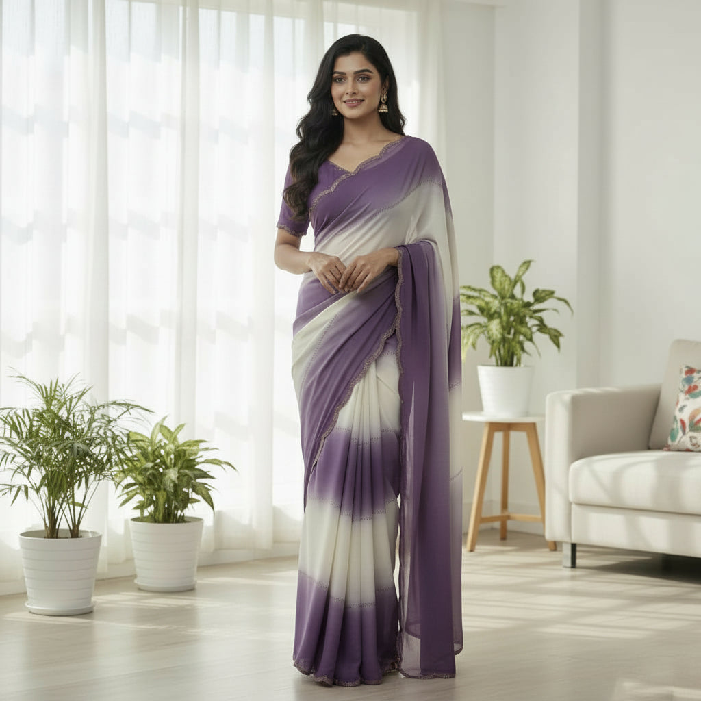 Women's Lavender Purple Georgette Saree with Matching Blouse Piece