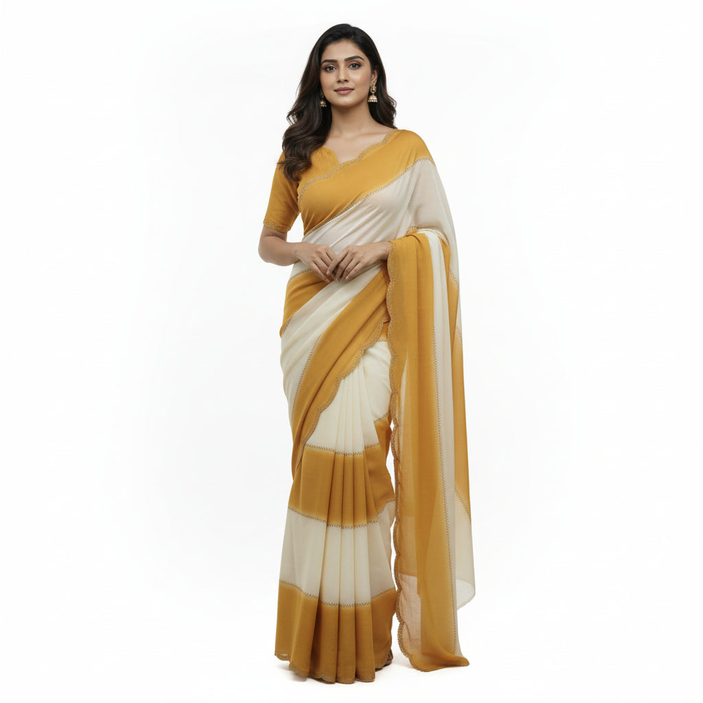 Women's Mustard Yellow Georgette Saree with Matching Blouse Piece