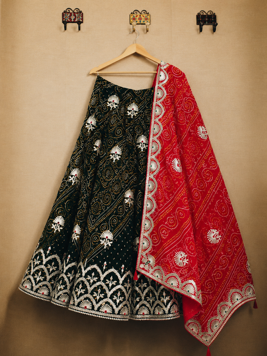 Bottle Green and Rani Pink Embroidered Lehenga Choli
