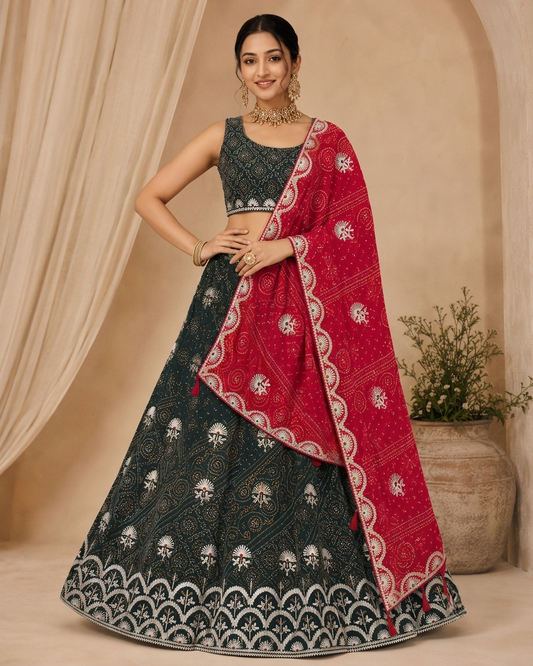 Bottle Green and Rani Pink Embroidered Lehenga Choli