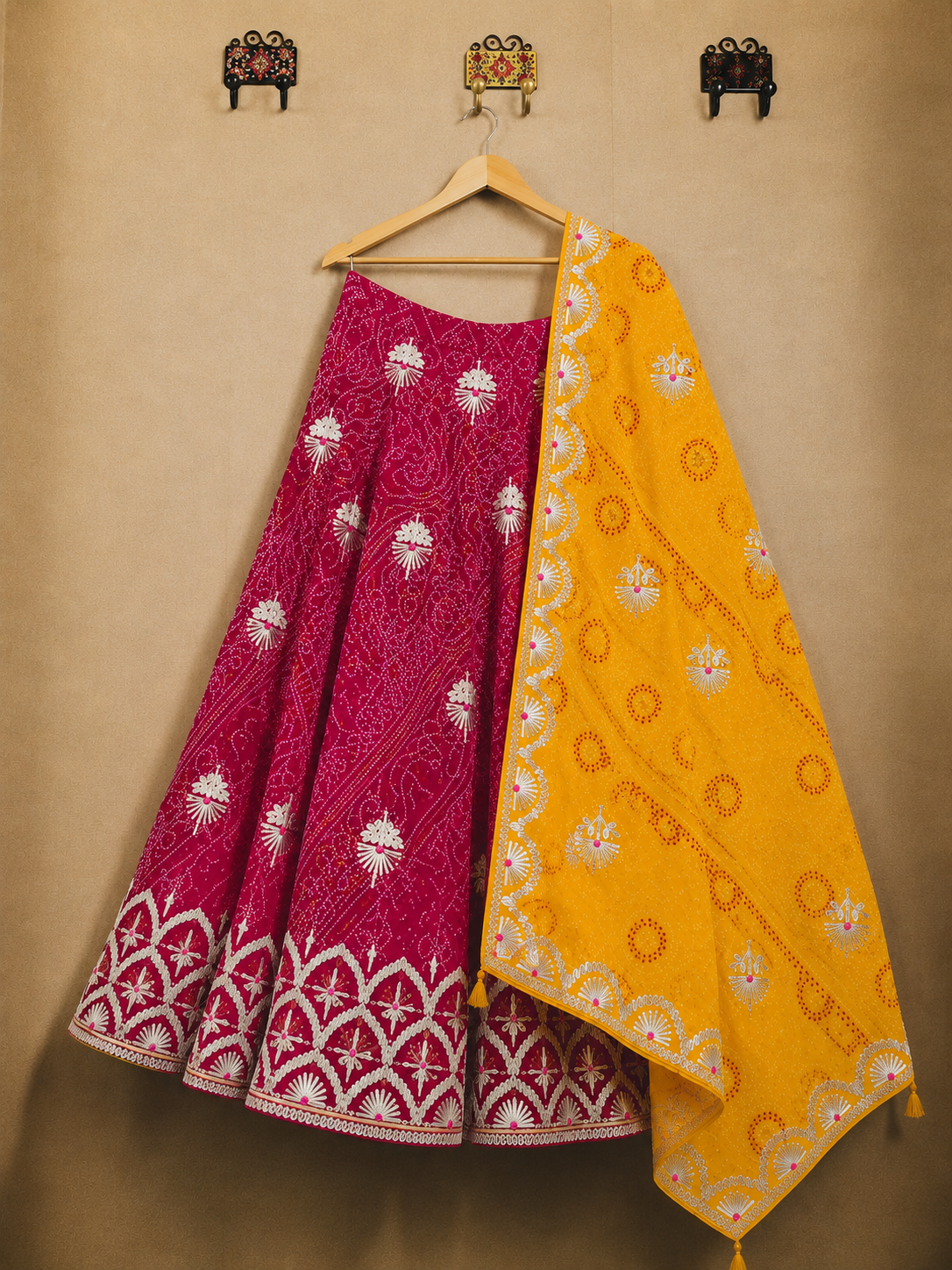 Women's Rani Pink Embroidered Lehenga with Mustard Yellow Dupatta