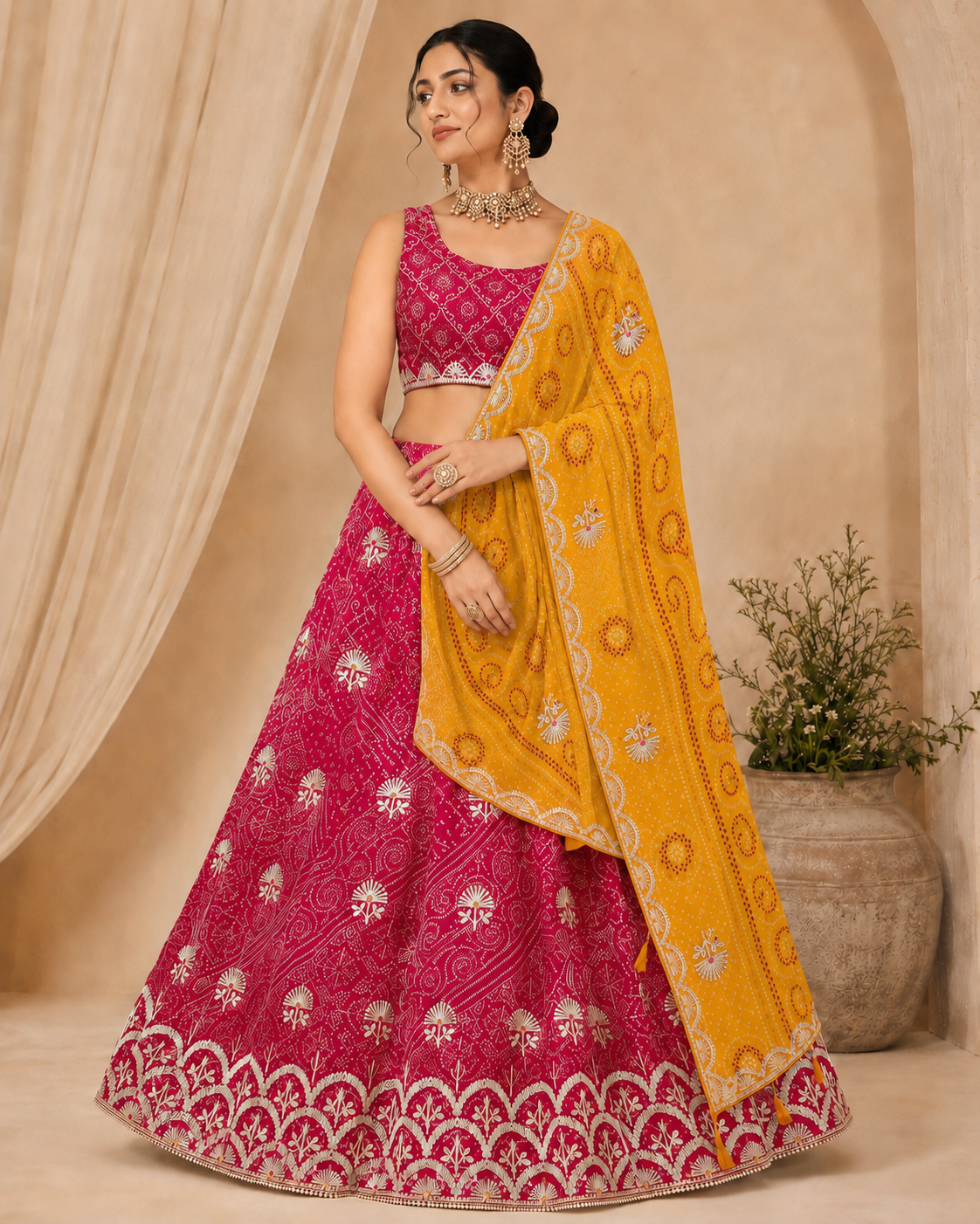 Women's Rani Pink Embroidered Lehenga with Mustard Yellow Dupatta