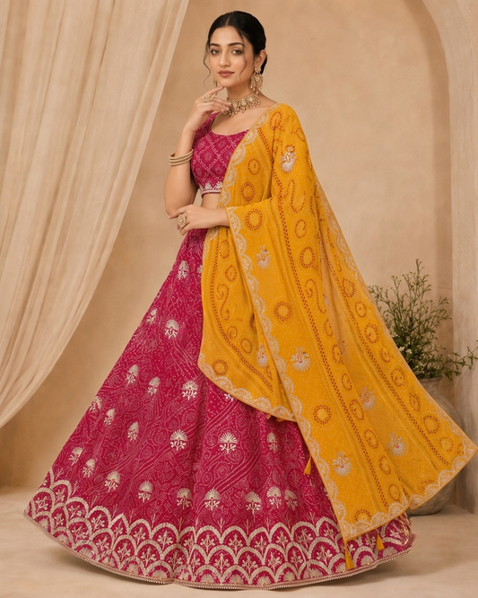 Women's Rani Pink Embroidered Lehenga with Mustard Yellow Dupatta