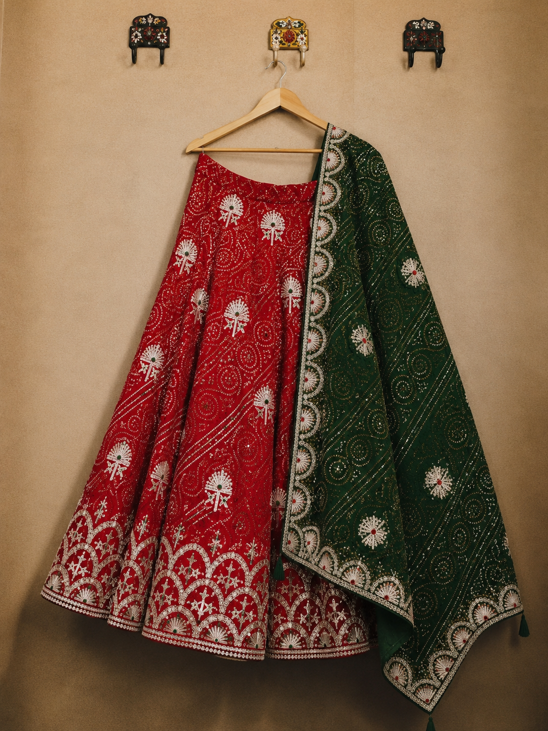 Maroon Bottle Green Embroidered Lehenga Choli