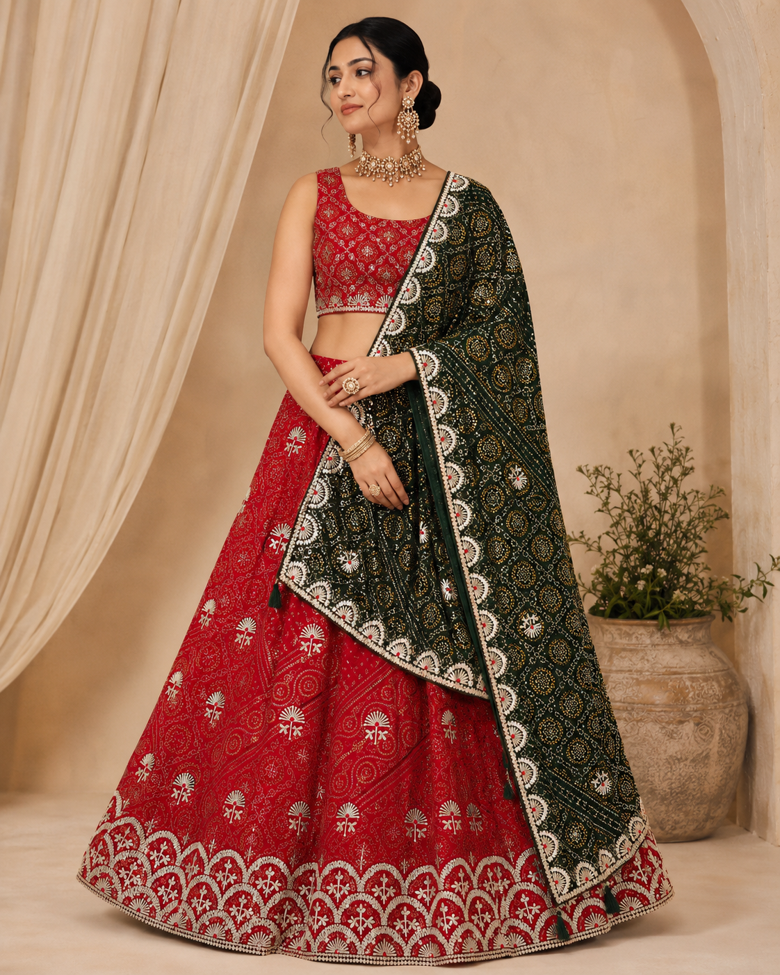 Maroon Bottle Green Embroidered Lehenga Choli