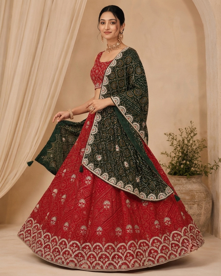 Maroon Bottle Green Embroidered Lehenga Choli
