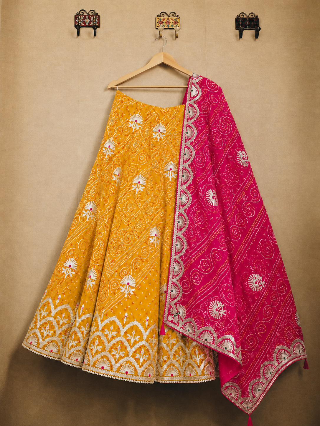 Mustard Yellow Embroidered Lehenga Choli with Rani Pink Dupatta