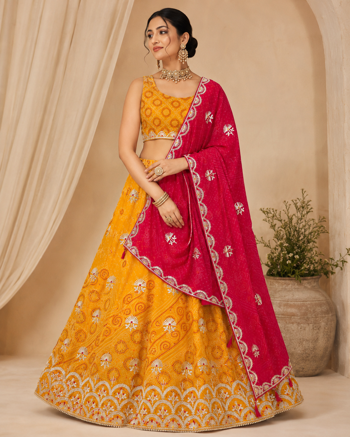 Mustard Yellow Embroidered Lehenga Choli with Rani Pink Dupatta