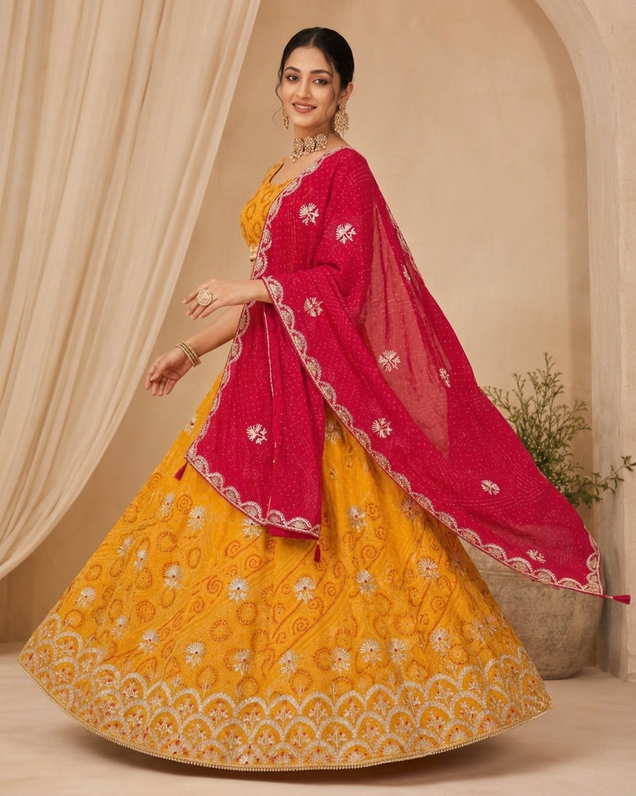 Mustard Yellow Embroidered Lehenga Choli with Rani Pink Dupatta