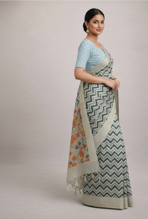Women's Printed Cotton Linen Saree with Floral Pallu