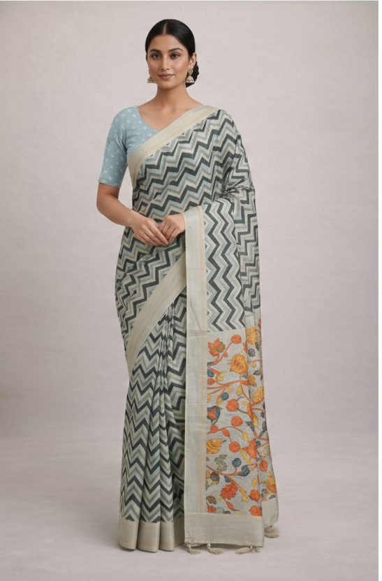 Women's Printed Cotton Linen Saree with Floral Pallu