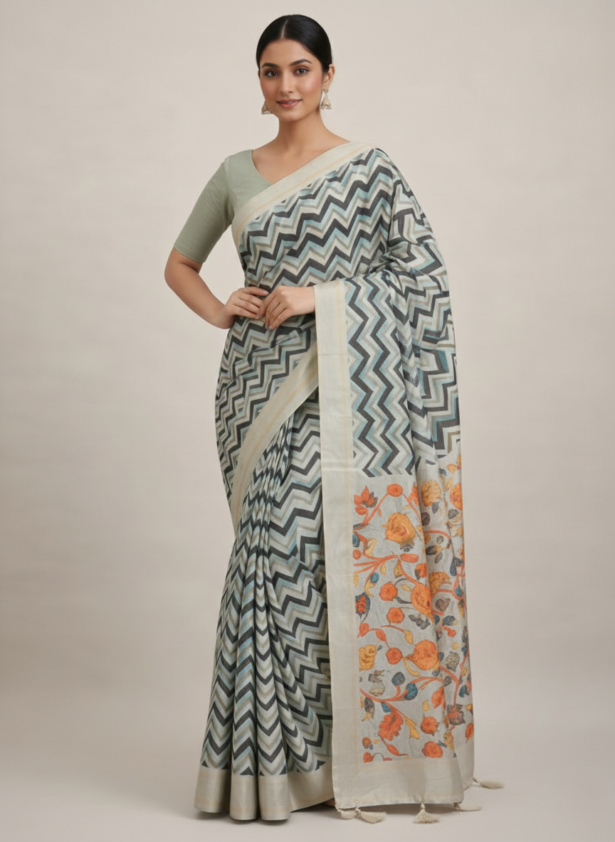 Women's Grey Printed Cotton Linen Saree with Floral Pallu & Designer Blouse