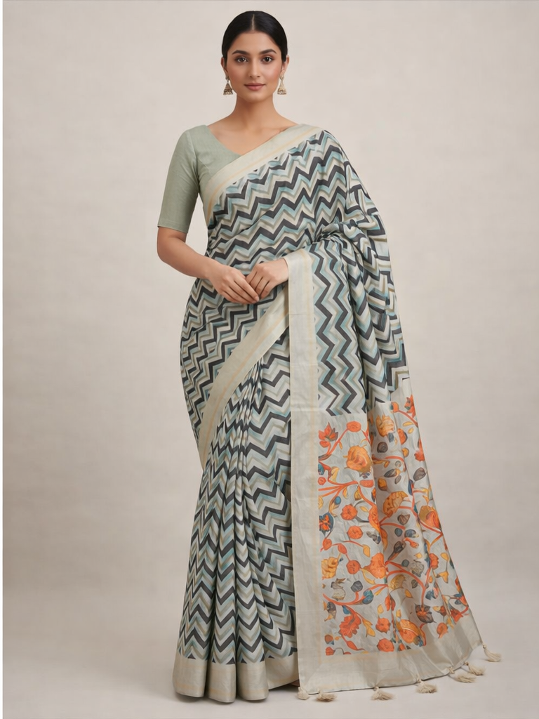 Women's Grey Printed Cotton Linen Saree with Floral Pallu & Designer Blouse