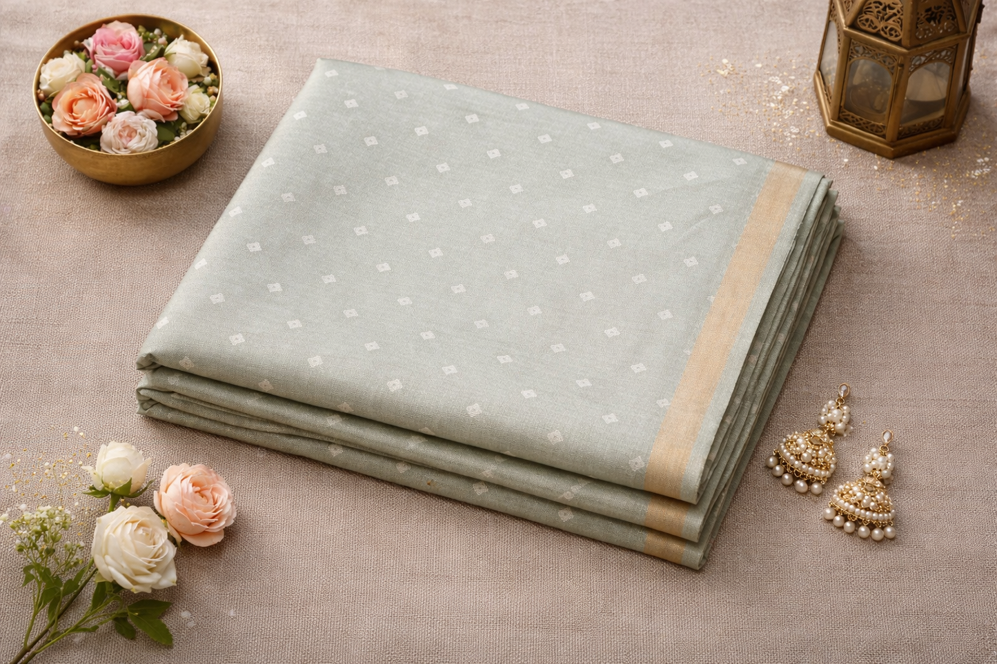 Women's Grey Printed Cotton Linen Saree with Floral Pallu & Designer Blouse