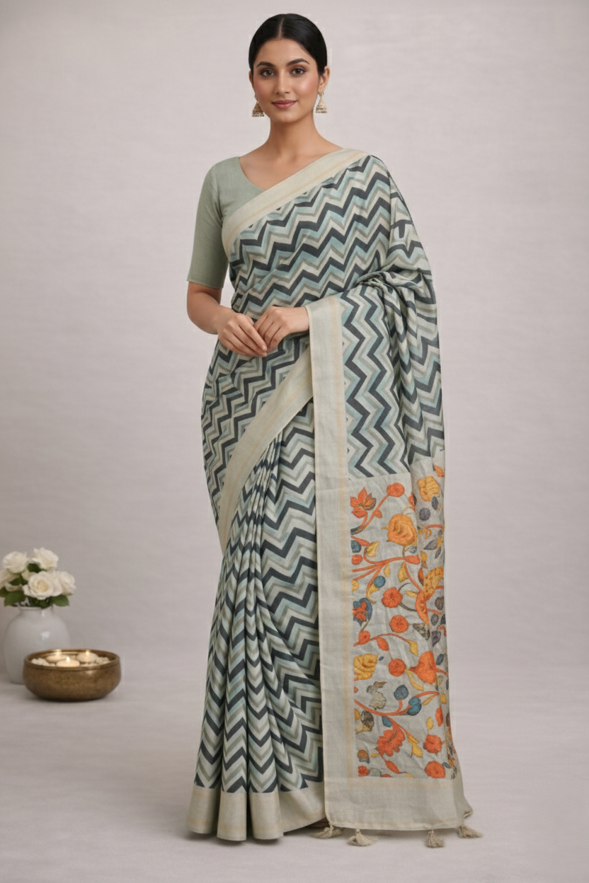 Women's Sage Green Printed Cotton Linen Saree with Floral Pallu & Designer Blouse