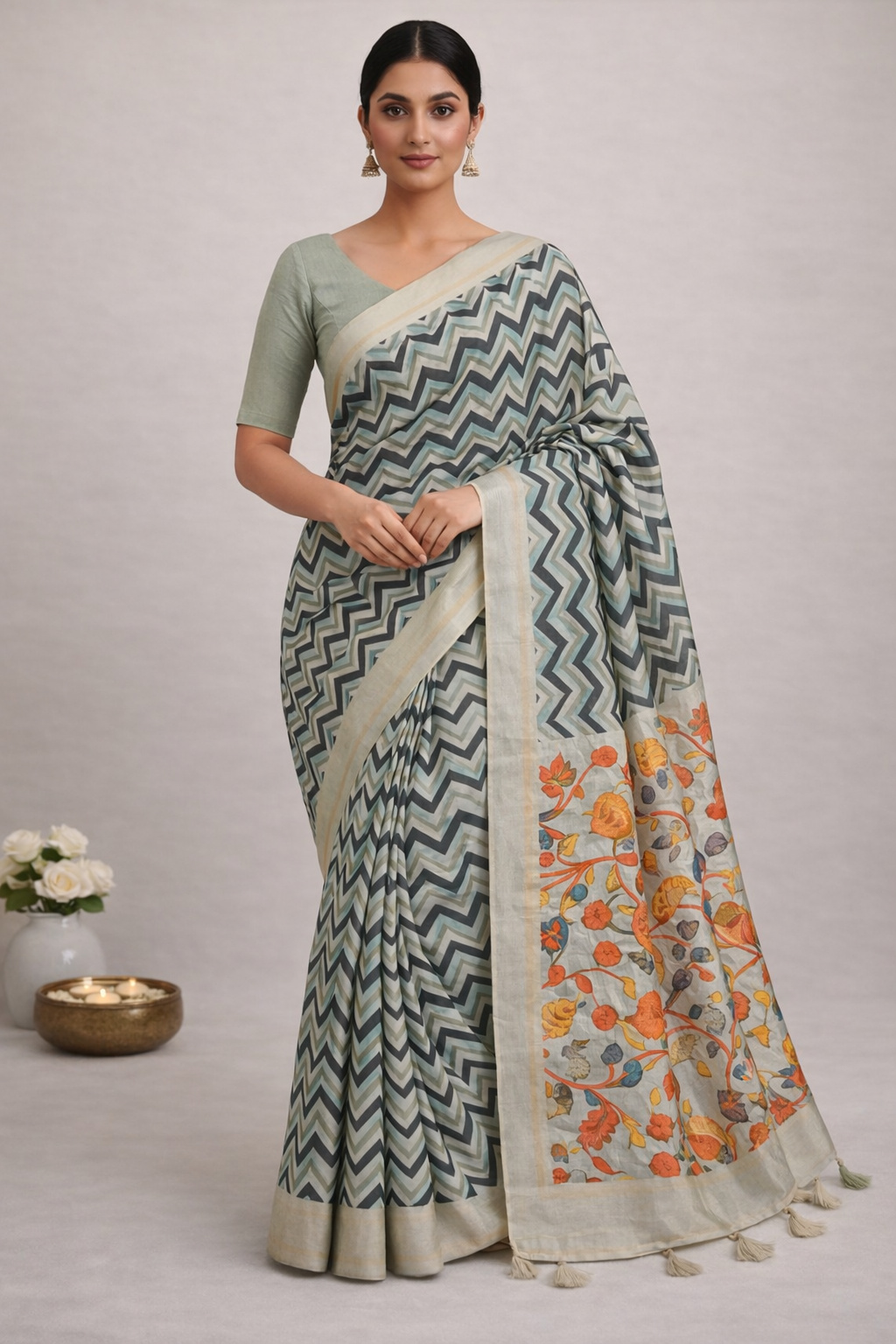 Women's Sage Green Printed Cotton Linen Saree with Floral Pallu & Designer Blouse