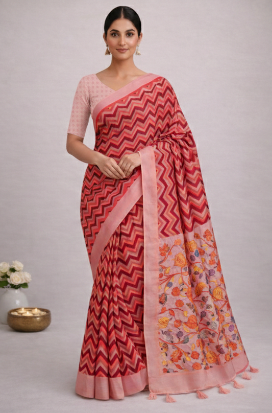 Women's Peach Pink Printed Cotton Linen Saree with Floral Pallu & Designer Blouse