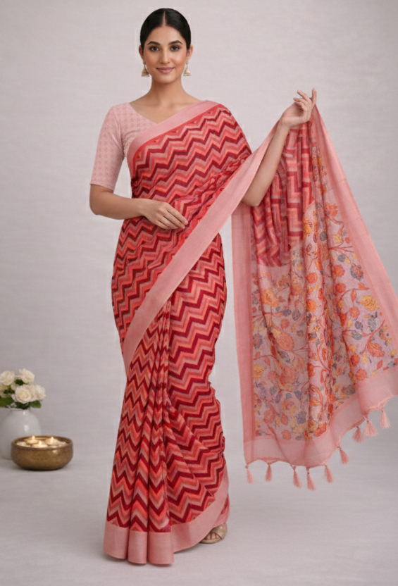 Women's Peach Pink Printed Cotton Linen Saree with Floral Pallu & Designer Blouse