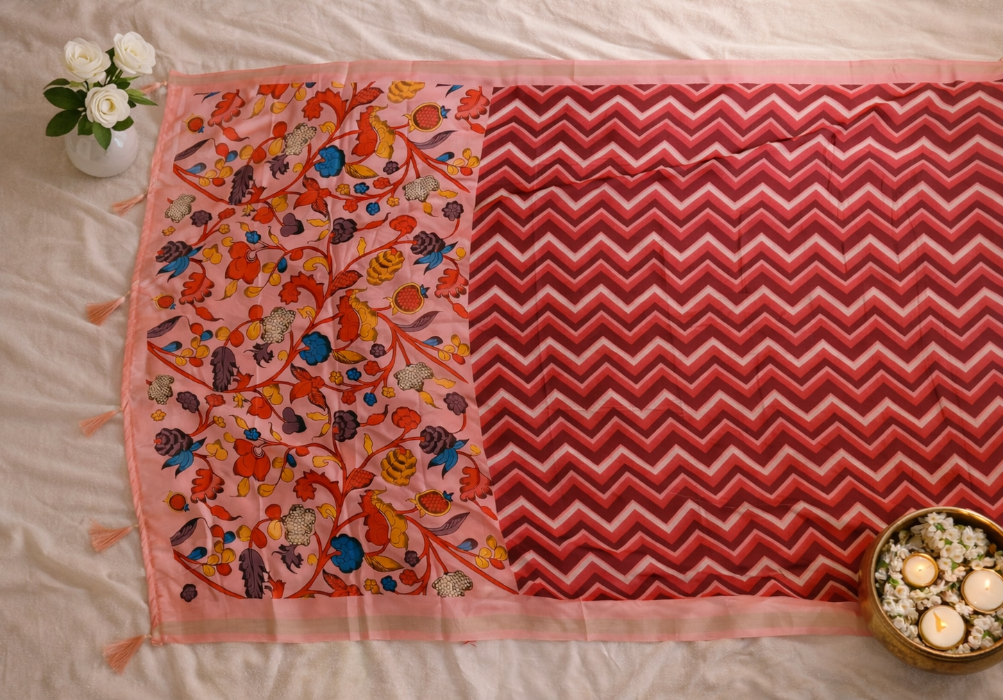 Women's Peach Pink Printed Cotton Linen Saree with Floral Pallu & Designer Blouse
