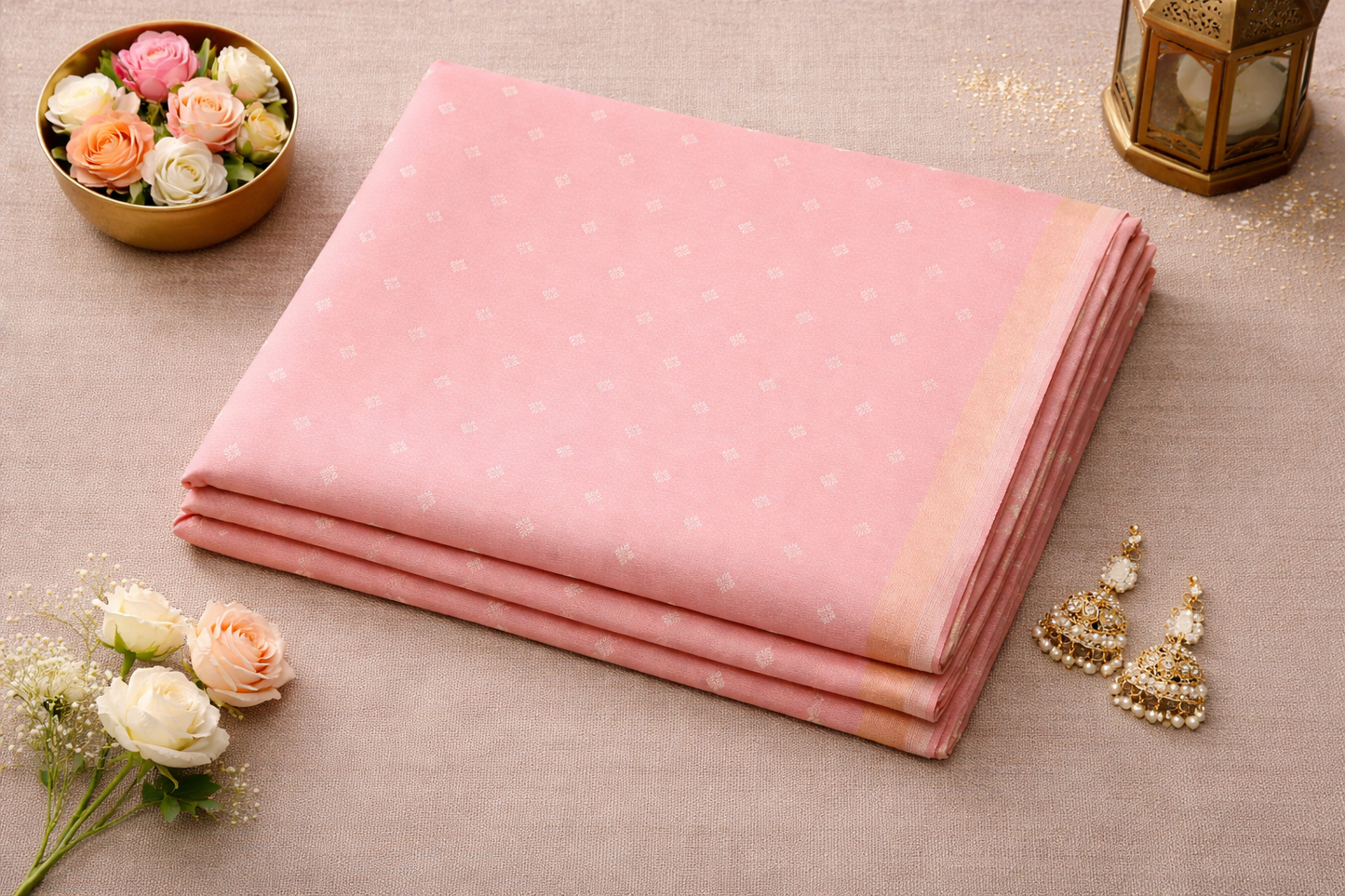 Women's Peach Pink Printed Cotton Linen Saree with Floral Pallu & Designer Blouse