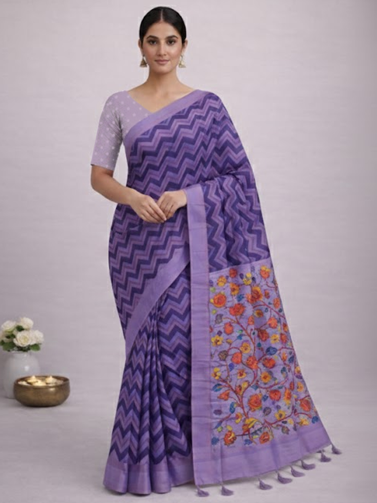 Women's Lavender Purple Printed Cotton Linen Saree with Floral Pallu & Designer Blouse
