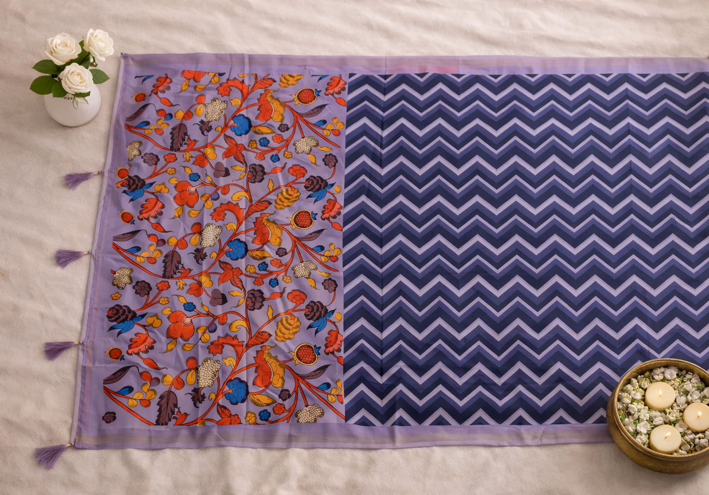 Women's Lavender Purple Printed Cotton Linen Saree with Floral Pallu & Designer Blouse