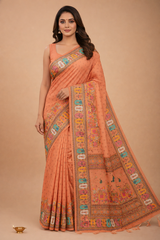 Women's Peach Printed Linen Blend Saree with Traditional Border