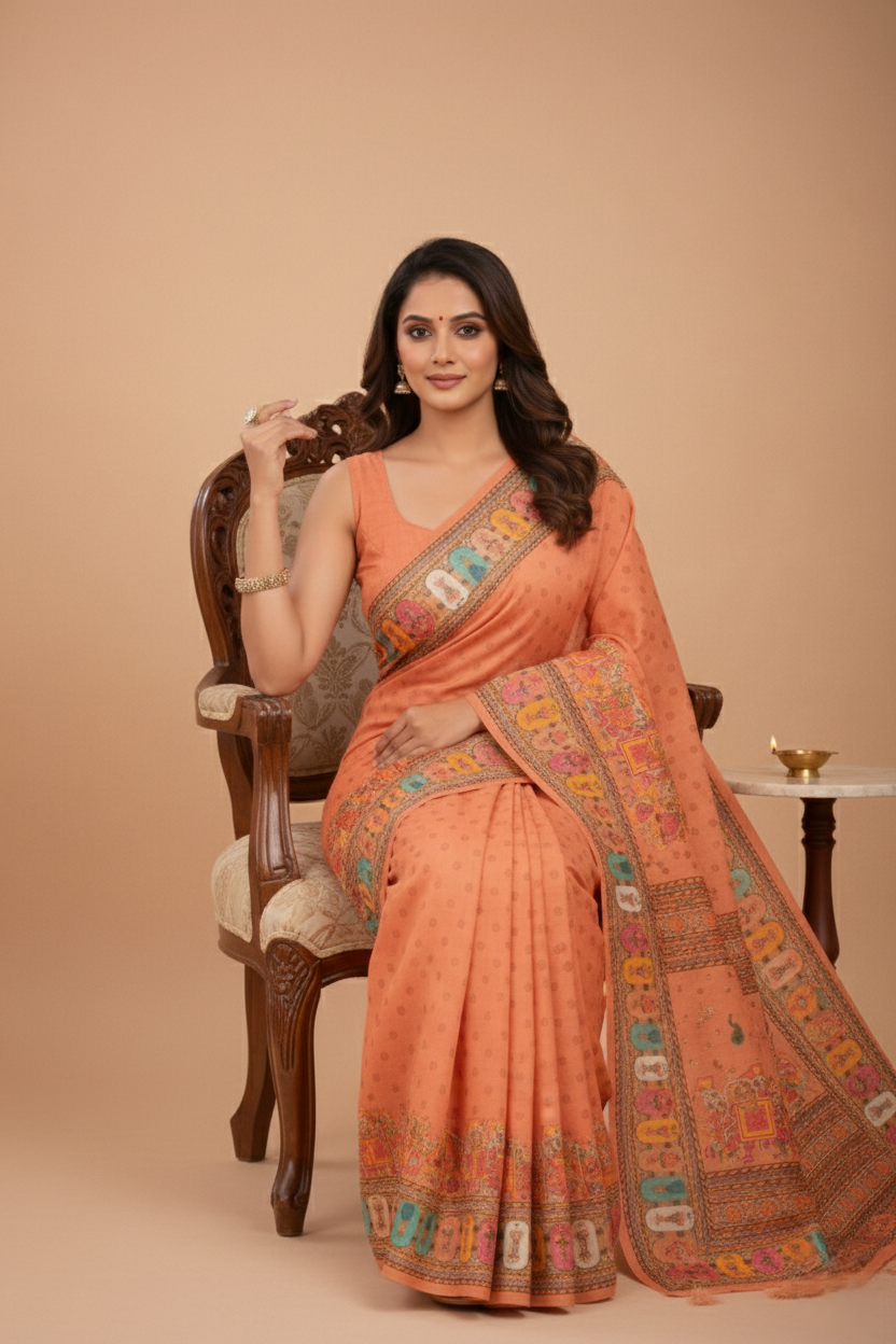 Women's Peach Printed Linen Blend Saree with Traditional Border