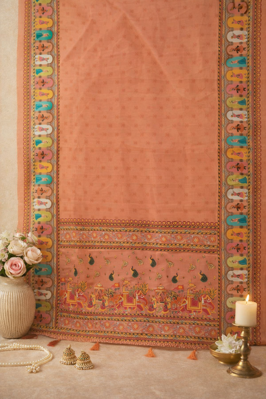 Women's Peach Printed Linen Blend Saree with Traditional Border