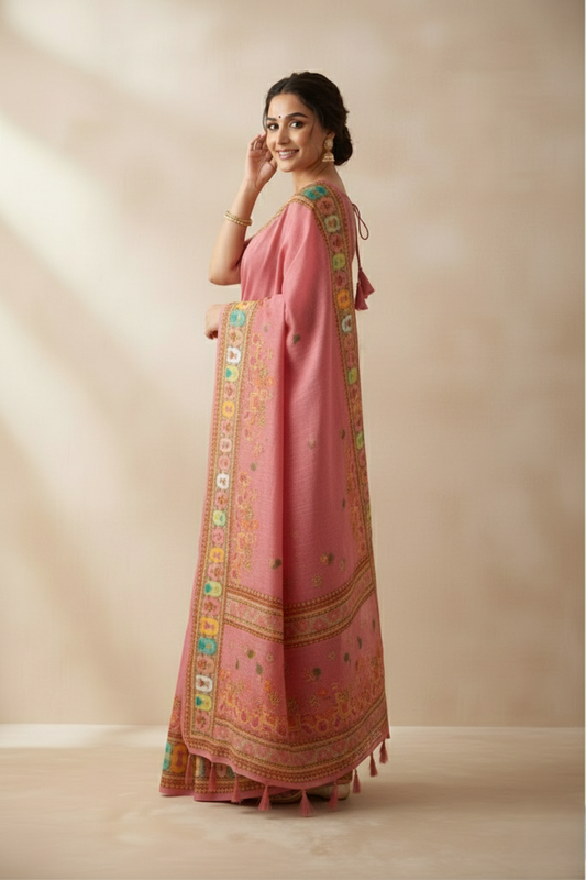 Women's Peach Printed Linen Blend Blouse Piece