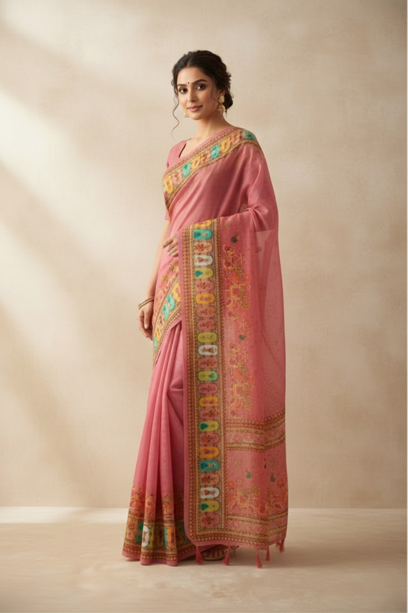 Women's Peach Printed Linen Blend Blouse Piece