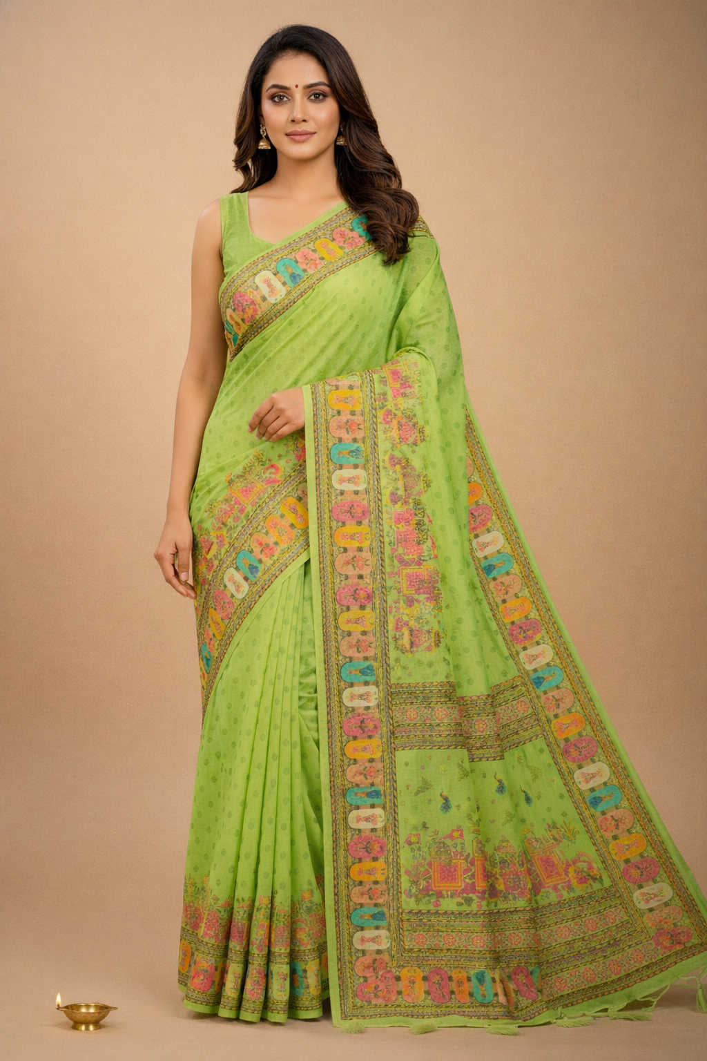 Women's Lime Green Printed Linen Blend Saree with Traditional Border
